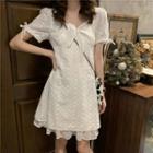 Short-sleeve Eyelet Lace Tie-front A-line Dress White - One Size