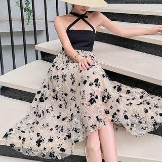 Halter-neck Floral Mesh Panel Midi A-line Dress