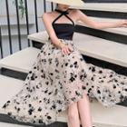Halter-neck Floral Mesh Panel Midi A-line Dress