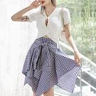 Set: Short-sleeve Crinkled Knit Top + Striped Mini A-line Skirt