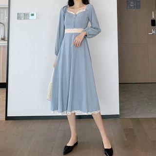 Square-neck Lace Trim Midi Dress