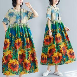 Elbow-sleeve Floral Print Midi A-line Dress Floral Print Dress - One Size
