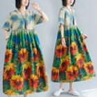 Elbow-sleeve Floral Print Midi A-line Dress Floral Print Dress - One Size