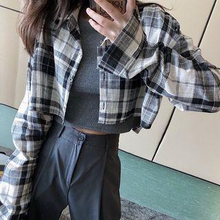 Plaid Long-sleeve Cropped Blouse