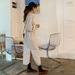 Mandarin-collar Long Shirtdress With Sash Light Beige - One Size