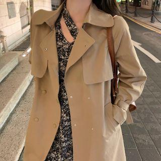 Floral Chiffon Midi Dress With Hair Tie / Double-breasted Trench Coat With Sash