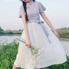 Set: Short-sleeve Qipao A-line Mini Dress + A-line Midi Skirt