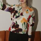 Long-sleeve V-neck Flower Print Shirt