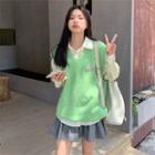 Lettering Patch Sweater Vest / Plain Shirt