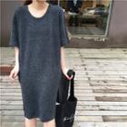 Elbow-sleeve Slit T-shirt Dress