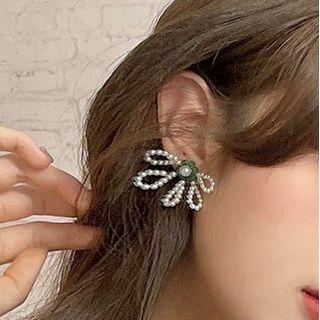 Flower Faux Pearl Earring 1 Pair - Green & White - One Size