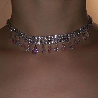 Rhinestone Fringed Alloy Choker Pink Rhinestone - Silver - One Size