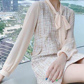 Set: Sleeveless Tweed A-line Dress + Blouse