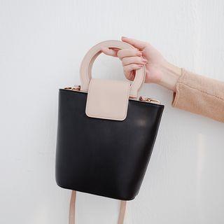 Faux Leather Top Handle Bucket Bag Black - One Size