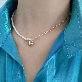 Heart Pendant Faux Pearl Necklace E641 - Gold & White - One Size