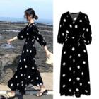 Dotted Elbow-sleeve Tie-waist Midi A-line Dress