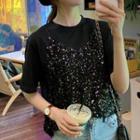 Mock Two Piece Elbow-sleeve Sequined T-shirt