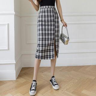 Slit Plaid Midi Pencil Skirt