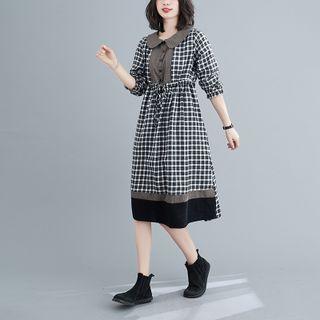 Long-sleeve Collared Gingham A-line Dress