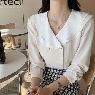 Long-sleeve Contrast Collar Chiffon Blouse