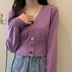 Long-sleeve V-neck Colored Button Slim Fit Cardigan