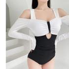 Long-sleeve Cold-shoulder Two-tone Swimsuit