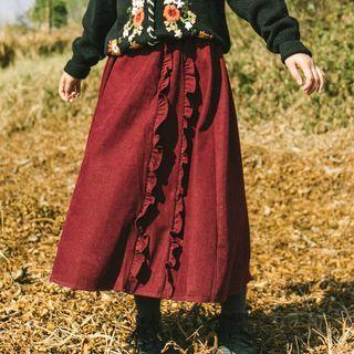 Ruffle Midi A-line Skirt Red - One Size