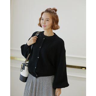 Balloon-sleeve Ribbed Cardigan