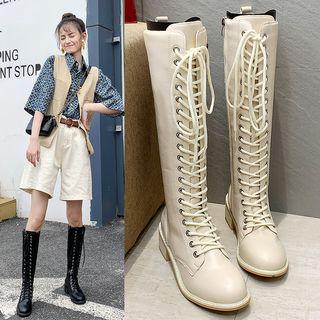 Faux Leather Chunky Heel Lace-up Tall Boots