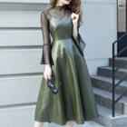 Set: Lace Long-sleeve Top + Faux-leather Midi Spaghetti Strap Dress