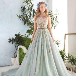 Sleeveless Mesh Applique Ball Gown With Train