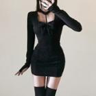 Long-sleeve Choker-neck Bow Sheath Dress