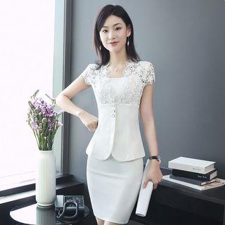 Set: Short-sleeve Lace Buttoned Top + Camisole Top + Mini Skirt
