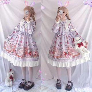 Cat Print Ruffled Long-sleeve A-line Dress