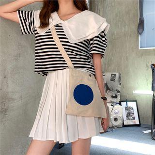 Peter-pan Collar Striped Short-sleeve Top As Figure - One Size