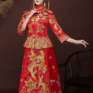 Traditional Chinese Long-sleeve Trained Wedding Dress