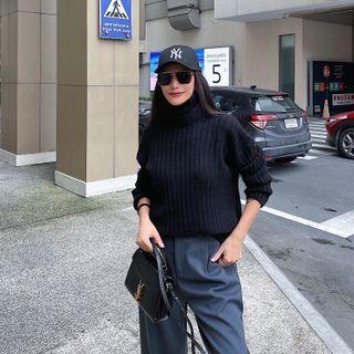 Turtleneck Plain Ribbed Oversize Sweater Black - One Size