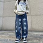 Star Print Washed Loose Fit Jeans