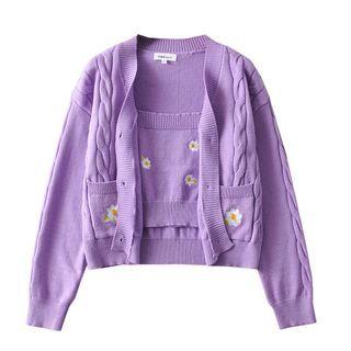 Set: Flower Embroidery Ribbed Knit Crop Cardigan + Flower Embroidery Knit Crop Camisole Top