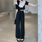 Color Block Peter Pan Collar Double-breasted Top / High-waist Straight Leg Dress Pants