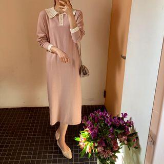 Half-placket Contrast-trim Midi Knit Dress