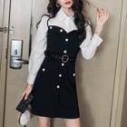 Long-sleeve Belted Mini A-line Dress