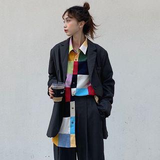 Single-breasted Blazer / Long-sleeve Color-block Shirt