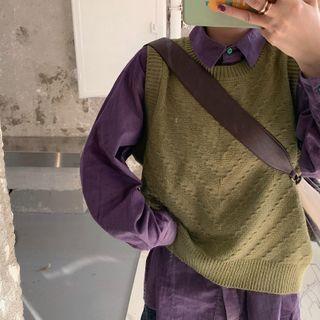 Plain Round-neck Knit Vest / Oversize Corduroy Shirt