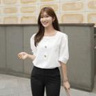 Square-neck Metallic-button Blouse