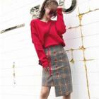 Set: Long Sleeve Plain Sweater + Asymmetric Hem Plaid Skirt