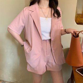 Set: Plain Single-breasted Blazer + Shorts