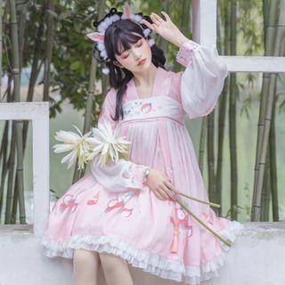 Set: Puff-sleeve Blouse + Fruit Print Overall Dress + Short-sleeve Top