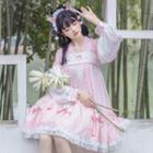 Set: Puff-sleeve Blouse + Fruit Print Overall Dress + Short-sleeve Top