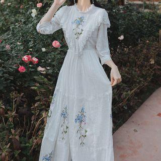 Long-sleeve Floral Embroidery Mesh Midi Dress